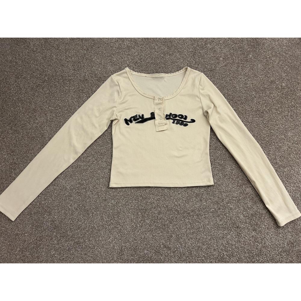 Y2K 90s Henley Graphic Top Womens S Cream Good Long Sleeve Ribbed New School